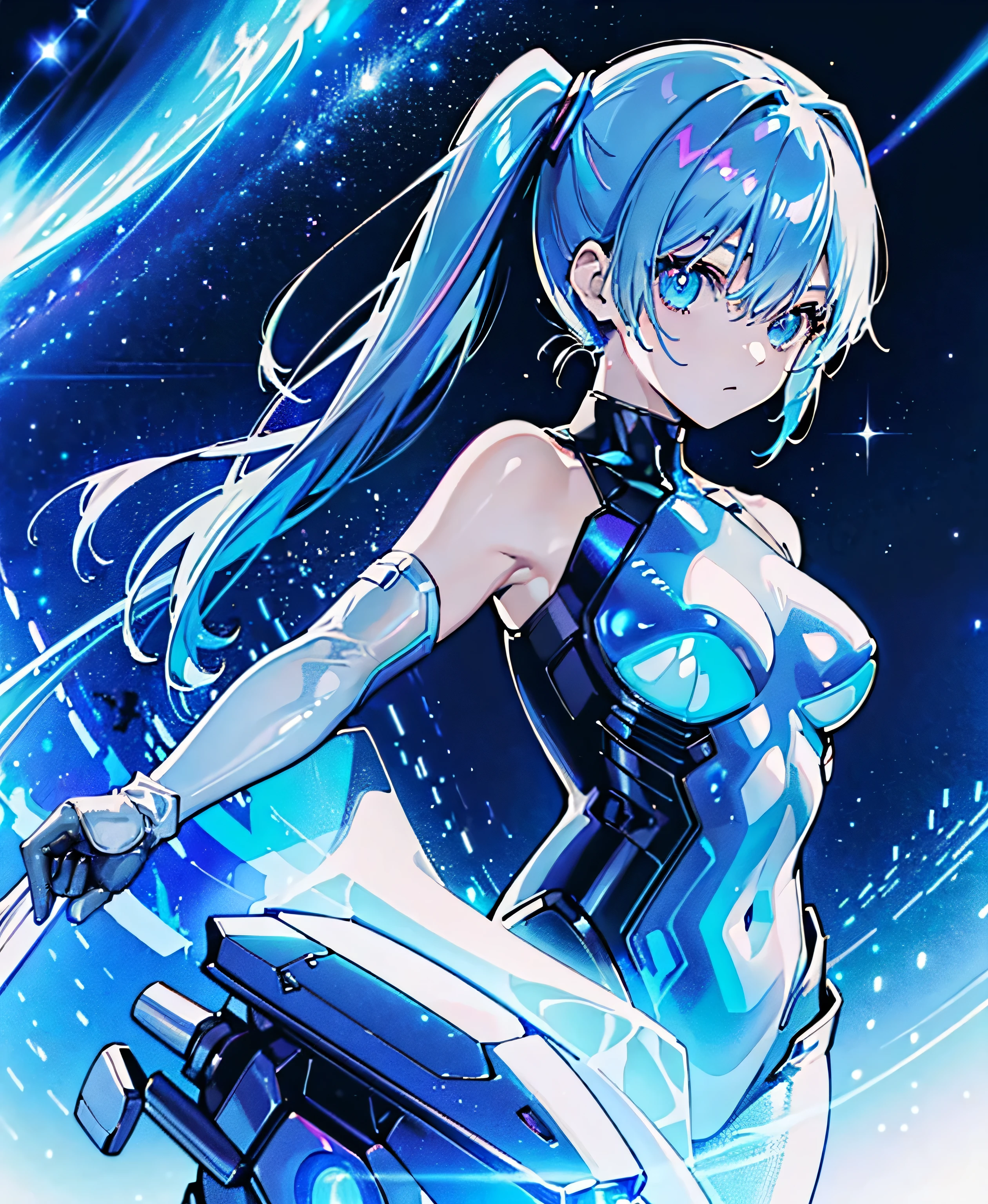 ((Holographic glow effect))、 blue hair 、Masterpiece、 Best Quality、1 person、Medium breast、(( album cover ))、 light on face、 slim body、 blue costume、Exoskeleton、Metal Gear、 cyberpunk style、 ponytails、Gundam Pilot、attention arousal，Ride a fighter jet 、 gloves up to the elbow ,Big Moon,Night Sky,Milky Way