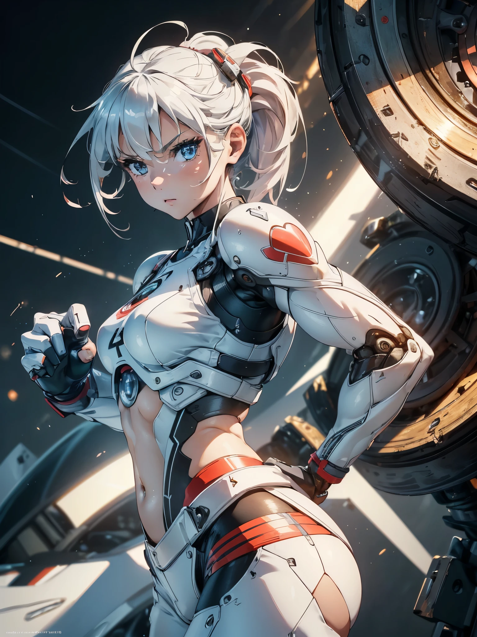 Be realistic,(masterpiece,Highest quality,Highest quality,Very detailed,Fractal Art,Most detailed,(Abstract background:1.5)(1 Girl),Kamimei,(白いshort hair),( puppet, blue eyes, short hair, Blunt bangs,,Big Breasts、Toned Abs,Stunned)、crystallization,White competitive swimsuit、Sexy、White Machine Armor、Sunburned skin、(White pencil skirt)