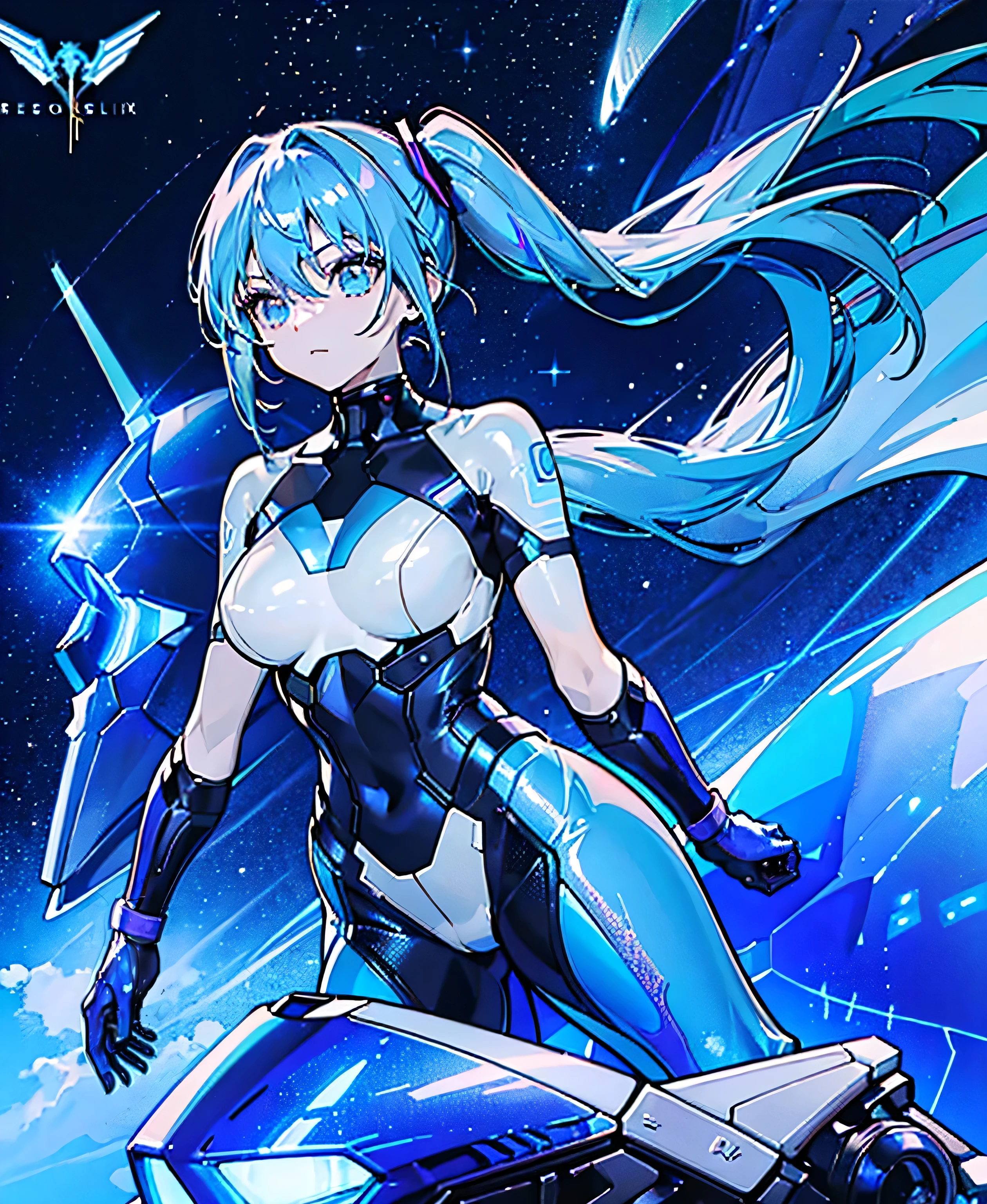 ((Holographic glow effect))、 blue hair 、Masterpiece、 Best Quality、1 person、Medium breast、(( album cover ))、 light on face、 slim body、 blue costume、Exoskeleton、Metal Gear、 cyberpunk style、 ponytails、Gundam Pilot、attention arousal，Ride a fighter jet 、 gloves up to the elbow ,Big Moon,Night Sky,Milky Way