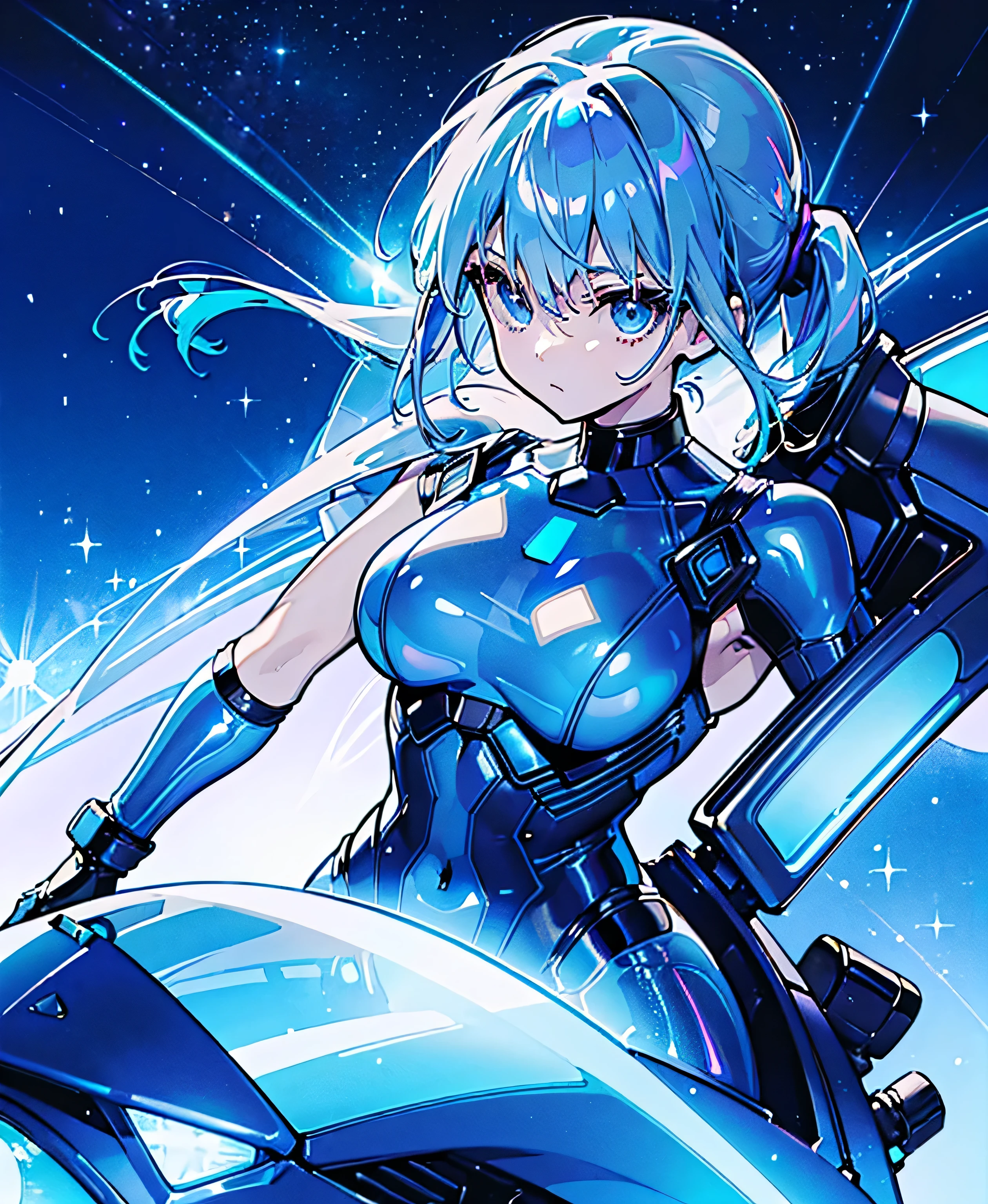 ((Holographic glow effect))、 blue hair 、Masterpiece、 Best Quality、1 person、Medium breast、(( album cover ))、 light on face、 slim body、 blue costume、Exoskeleton、Metal Gear、 cyberpunk style、 ponytails、Gundam Pilot、attention arousal，Ride a fighter jet 、 gloves up to the elbow ,Big Moon,Night Sky,Milky Way