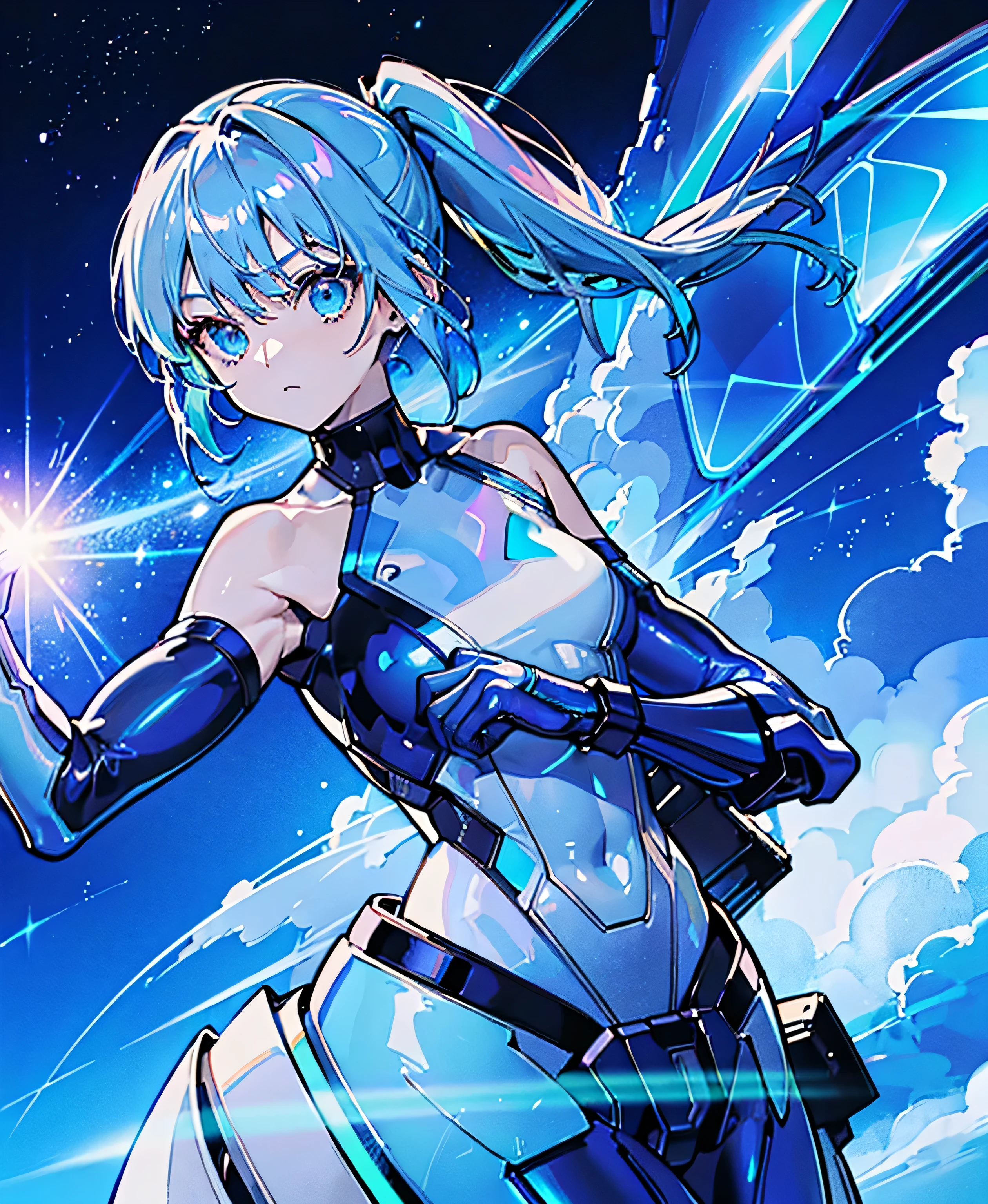 ((Holographic glow effect))、 blue hair 、Masterpiece、 Best Quality、1 person、Medium breast、(( album cover ))、 light on face、 slim body、 blue costume、Exoskeleton、Metal Gear、 cyberpunk style、 ponytails、Gundam Pilot、attention arousal，Ride a fighter jet 、 gloves up to the elbow ,Big Moon,Night Sky,Milky Way