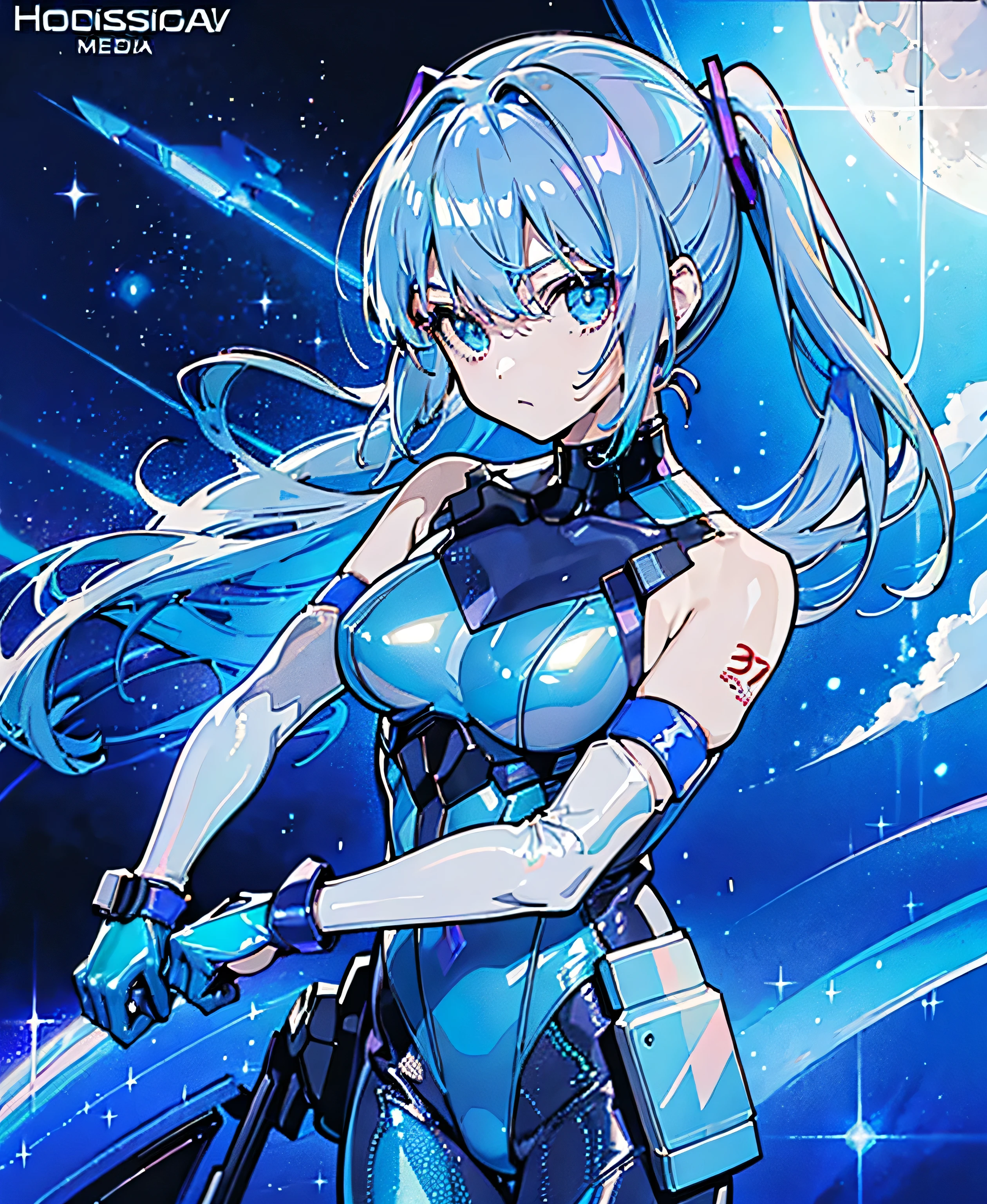 ((Holographic glow effect))、 blue hair 、Masterpiece、 Best Quality、1 person、Medium breast、(( album cover ))、 light on face、 slim body、 blue costume、Exoskeleton、Metal Gear、 cyberpunk style、 ponytails、Gundam Pilot、attention arousal，Ride a fighter jet 、 gloves up to the elbow ,Big Moon,Night Sky,Milky Way