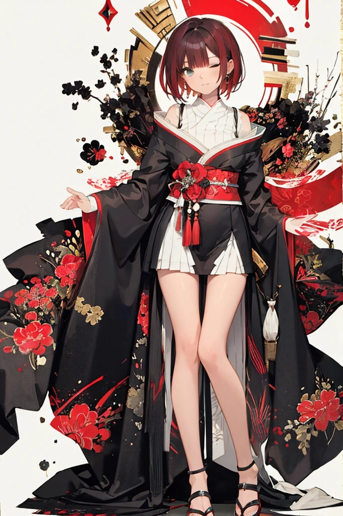 Official Art, wallpaper, Very detailed, (((Very detailed eyes and face))), masterpiece, highest quality, sumi-e (painting), like Jeremy Mann style, full body shot, a regal mature woman, standing still, contrapposto, closed eyes, closed mouth, own hands together, lying face down, looking down, adorned in traditional Japanese-inspired attire, Clad in robes of black white and red, she stands as a symbol of elegance and power., red hair, essence of tradition and cultural heritage, 
BREAK 
mystical atmosphere, a harmonious blend of black white red, standing posture with dignity, her form is a brushstroke of authority and elegance, elegance and dignity, beautiful fingers, anatomically correct fingers, no smile, a thoughtful look, a crisp look, face down, looking down, 
BREAK 
Very detailed, Dynamic Angle, the realm of the extraordinary, eternal brilliance, chaotic abstract Tangle pattern on background, red black and white watercolor touch background, background like a blazing fire,