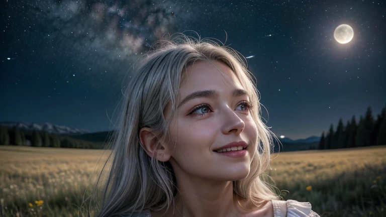 (RAW style, masterpiece, best quality, ultra-detailed), Elizabeth Olsen posting outdoor, deep V sweater, starry night, cheerfully and happy, clear sky, analog style, (skin texture, film grain), cinematic light, sidelighting, ultra high res