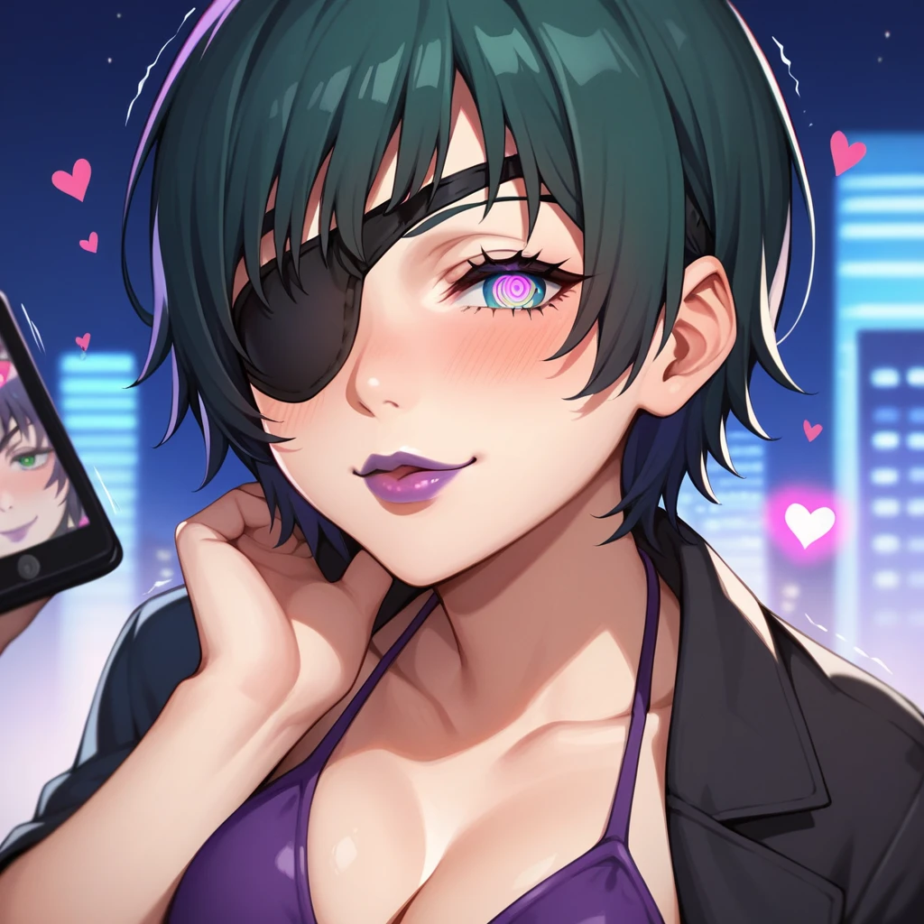  mature female, mature, Adult, himeno, himeno(Chainsaw Man), POV, 1girl, black hair, short hair, eyepatch, solo, hypnosis, brainwashed, blush, phone, heart, eye symbol, rating_questionable, naughty face, rolling_eyes, cross-eyes, pout, stick mouth, sharp mouth, purple lips, shaking head, Villains, chest, looking side, from side, Night town, City, skyscraper, Night, Dark, latex purple bikini under the black cape, masterpiece, Top animation quality，Top image quality,