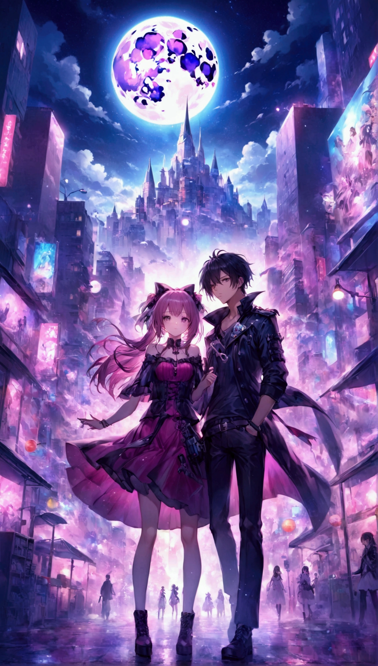   Anime couple in the city on the night of the full moon、beautiful fantasy anime、Epic Light Novel Cover、 anime fantasy art 、  Dream Punk Romanticism Artwork  、Epic Light Novel Cover、アニメkey art、key art、2。5 d CGI anime fantasy art 、 anime art wallpaper 4k 、 anime art wallpaper 4k 、 8K anime wallpaper 、Key Visual