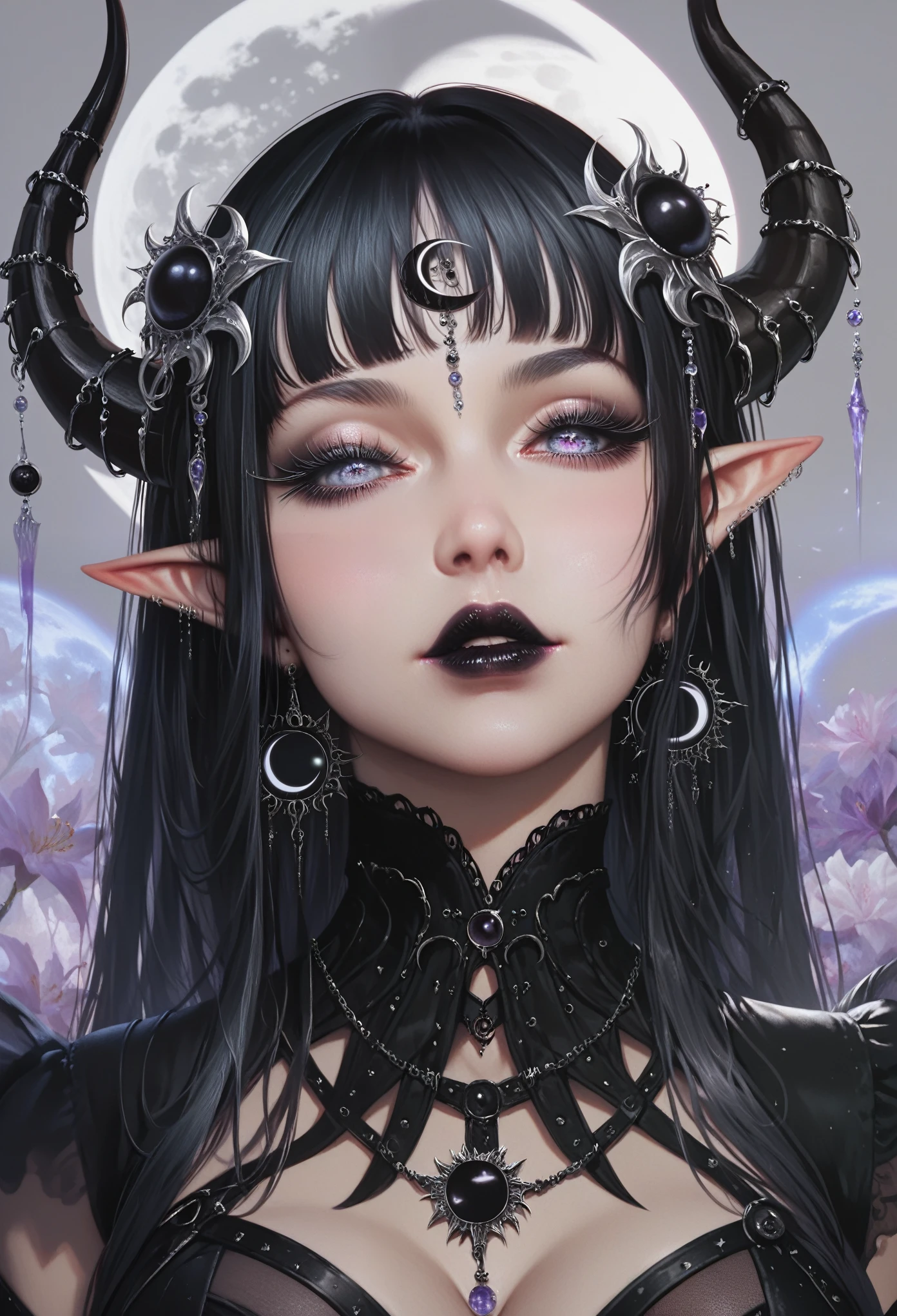 ((masterpiece)), (( High resolution)), (( lunar eclipse background  )),   beautifully detailed woman, ,  Long black hair, elf ears,  Detailed eyes, grey iris ,   long lashes ,  detailed facial features , black lipstick, demon horns,  black jewels ,  big breasts