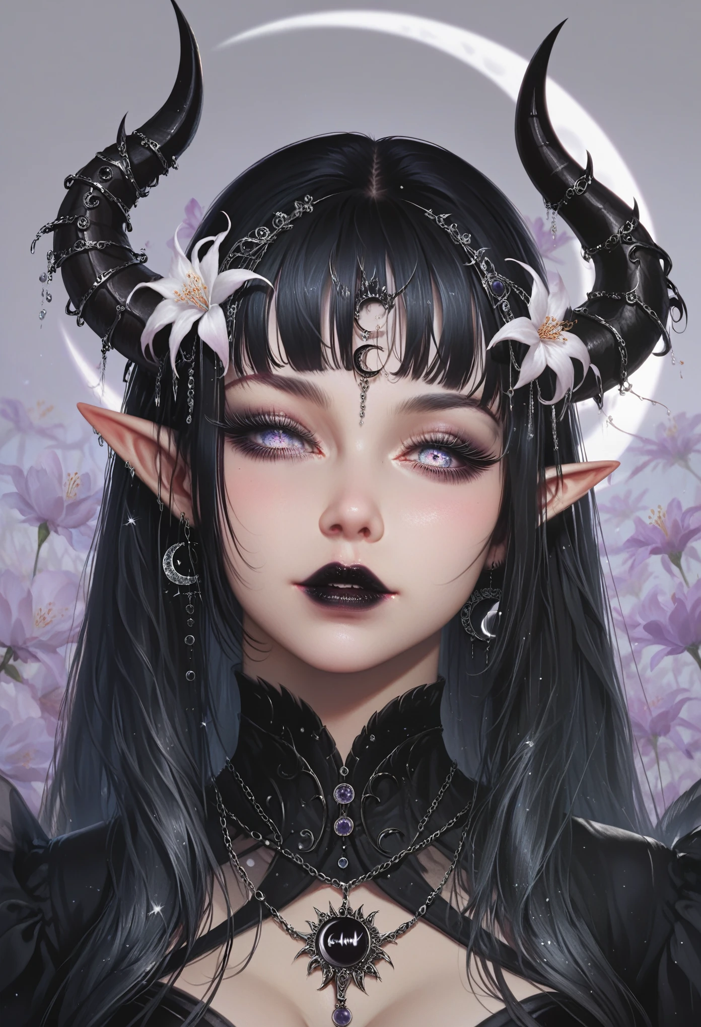 ((masterpiece)), (( High resolution)), (( lunar eclipse background )), beautifully detailed woman, , Long black hair, elf ears, Detailed eyes, grey iris , long lashes , detailed facial features , black lipstick, demon horns, black jewels , big breasts
