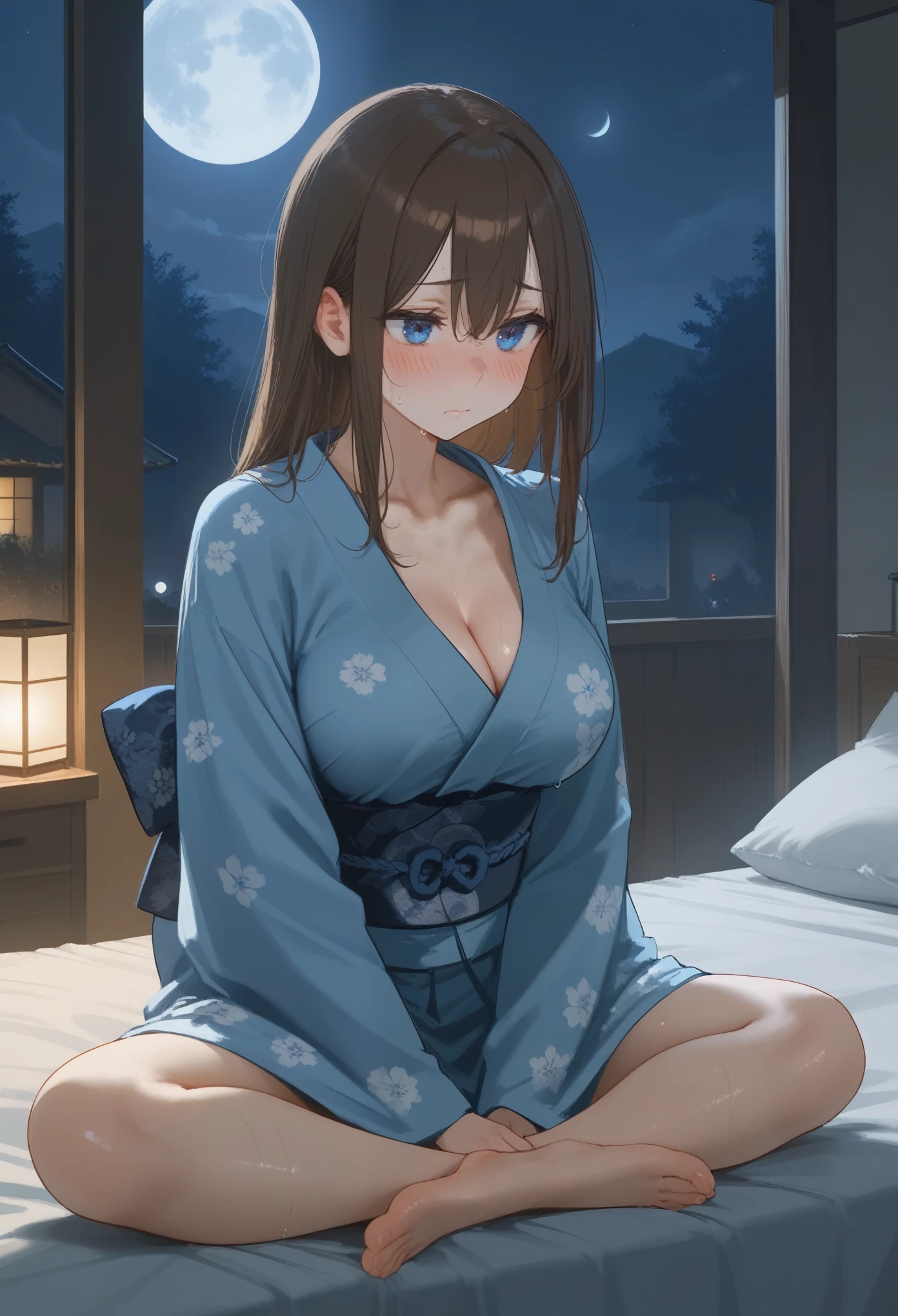 score_9,
1girl,nakano miku,japanese clothes,(blush:1.3),kimono,large breasts,brown hair, blue eyes, collarbone,solo focus,sweat,long hair, long sleeves,solo,night,full_moon,embarrass,
BREAK head_down,indoor,bedroom,sitting_on_bed,lower_body,from_side,barefoot,legs_apart,