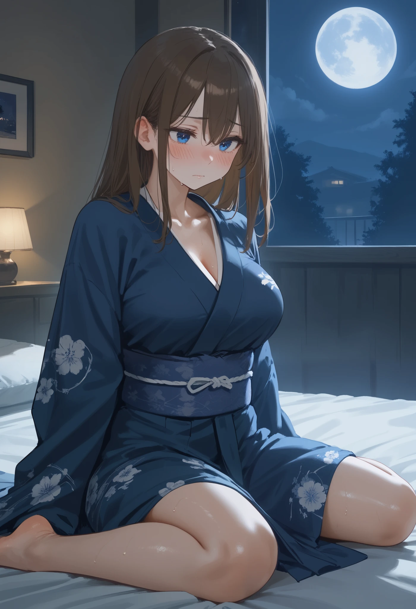 score_9,
1girl,nakano miku,japanese clothes,(blush:1.3),kimono,large breasts,brown hair, blue eyes, collarbone,solo focus,sweat,long hair, long sleeves,solo,night,full_moon,embarrass,
BREAK head_down,indoor,bedroom,sitting_on_bed,lower_body,from_side,barefoot,legs_apart,