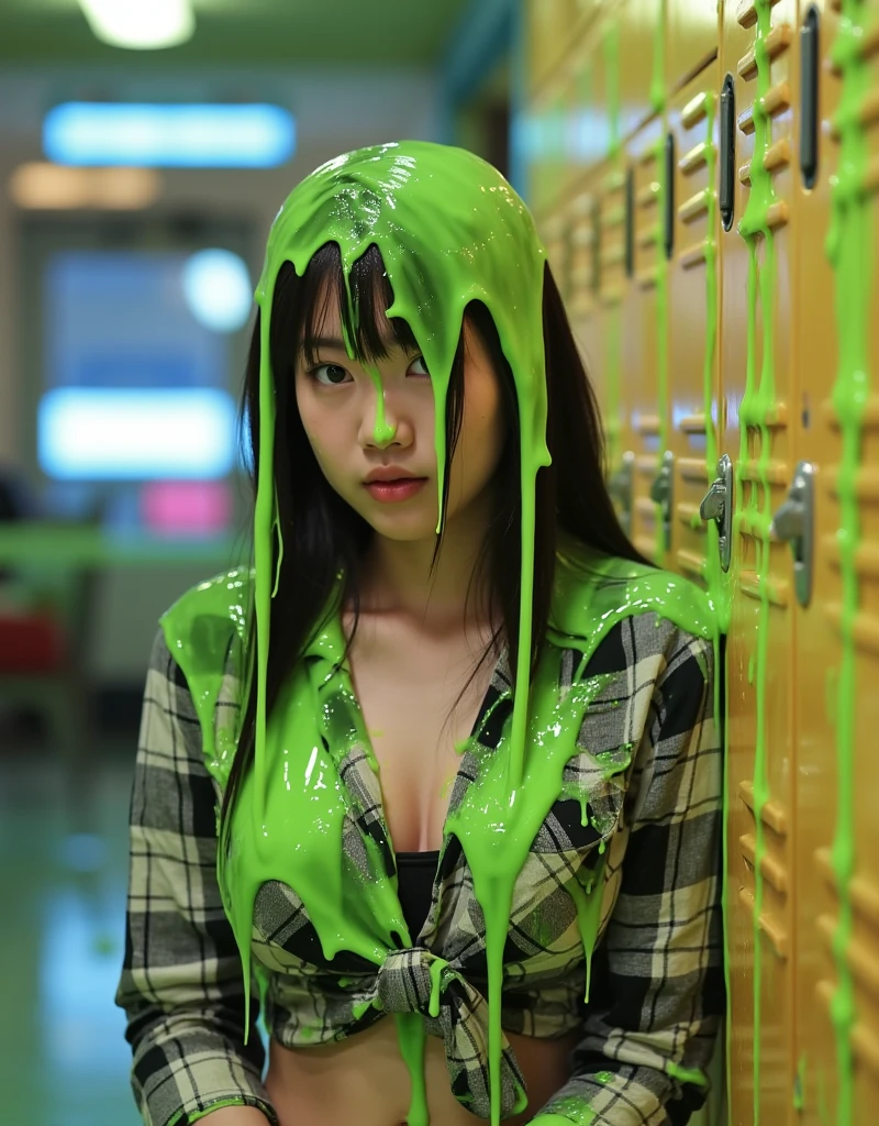 (photorealistic: 1.3), raw photo, film photography, 8k, hd, masterpiece, hyper realistic, super detailed, extreme realism, photo realistic, sharp focus, (Korean girl: 1.4), wearing tied plaid shirt, jean shorts, delicate eyes, cleavage, wet custard dripping down head, wet custard dripping down body, glistening slime, viscous strands, inside school hallway, leaning against lockers, sensual lighting, skinny, slim, petite, slime, dripping green goo