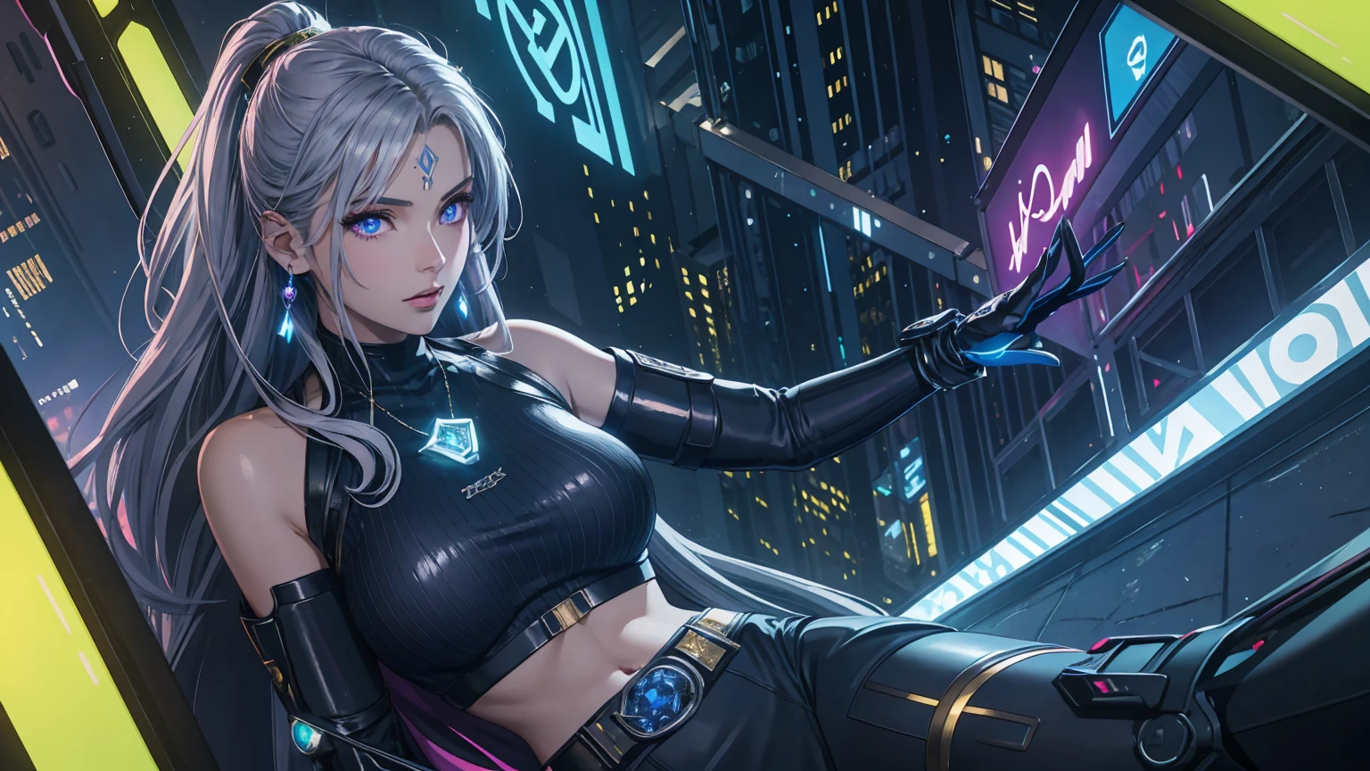 
A solo girl in an urban fantasy anime-style portrait with a vibrant pop aesthetic. Violet eyes with a mesmerizing glow, long silver hair with blue highlights, a delicate and charming face, full lips, white skin with detailed texture, and a soft, natural radiance. A bomber jacket with glowing blue accents, intricate gold patterns, and ancient runes, paired with a rainbow-patterned bodysuit and metallic silver thigh-high boots. Fingerless gloves, metallic nails, gemstone details, a belt with a mystical potion and an amulet, a glowing rune necklace, a crystal pendant, silver earrings, and a matching silver necklace. A perfectly proportioned figure with a slim waist, graceful curves, and delicate yet strong hands. A futuristic urban street setting with neon signs in vibrant hues, holographic advertisements in midair, sleek autonomous vehicles on elevated tracks, and sidewalks with embedded LED strips. Vending machines with glowing products, robotic street vendors, bold graffiti art in sharp lines and intense colors, and walls with modern creativity blended with digital enhancements. Dynamic lighting with reflections on metallic surfaces, a high-tech, cyberpunk atmosphere. Ultra-high-definition artistry in UHD 4K and 8K resolution, extreme detail, textured skin, vivid colors, striking patterns, and a confident, rebellious energy. Dark fantasy elements with ethereal, Genshin Impact-inspired design in a futuristic cityscape, beauty, individuality, and innovation.