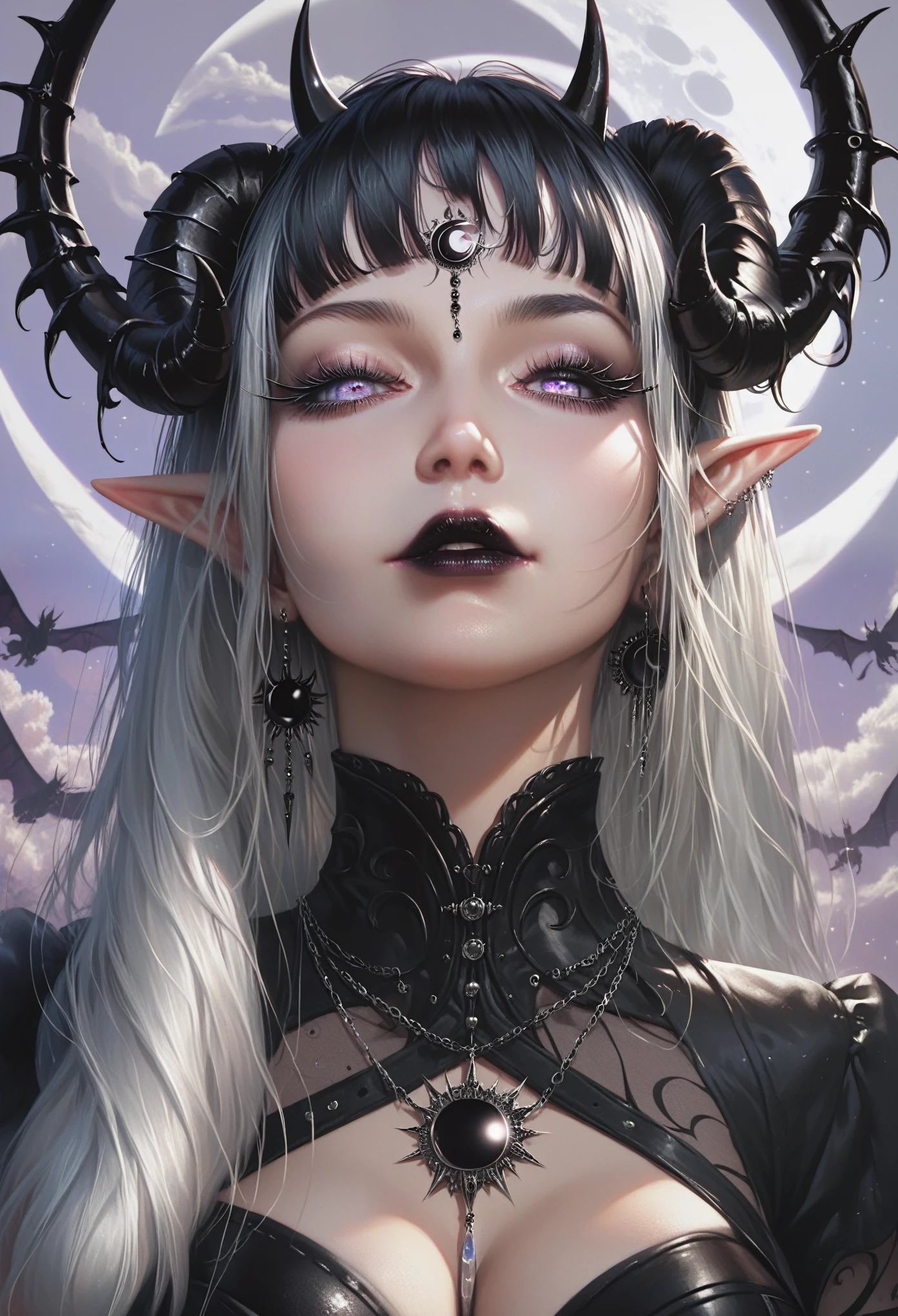 ((masterpiece)), (( High resolution)), (( lunar eclipse background  )),   beautifully detailed woman, ,  Long black hair, elf ears,  Detailed eyes, grey iris ,   long lashes ,  detailed facial features , black lipstick, demon horns,  black jewels ,  big breasts