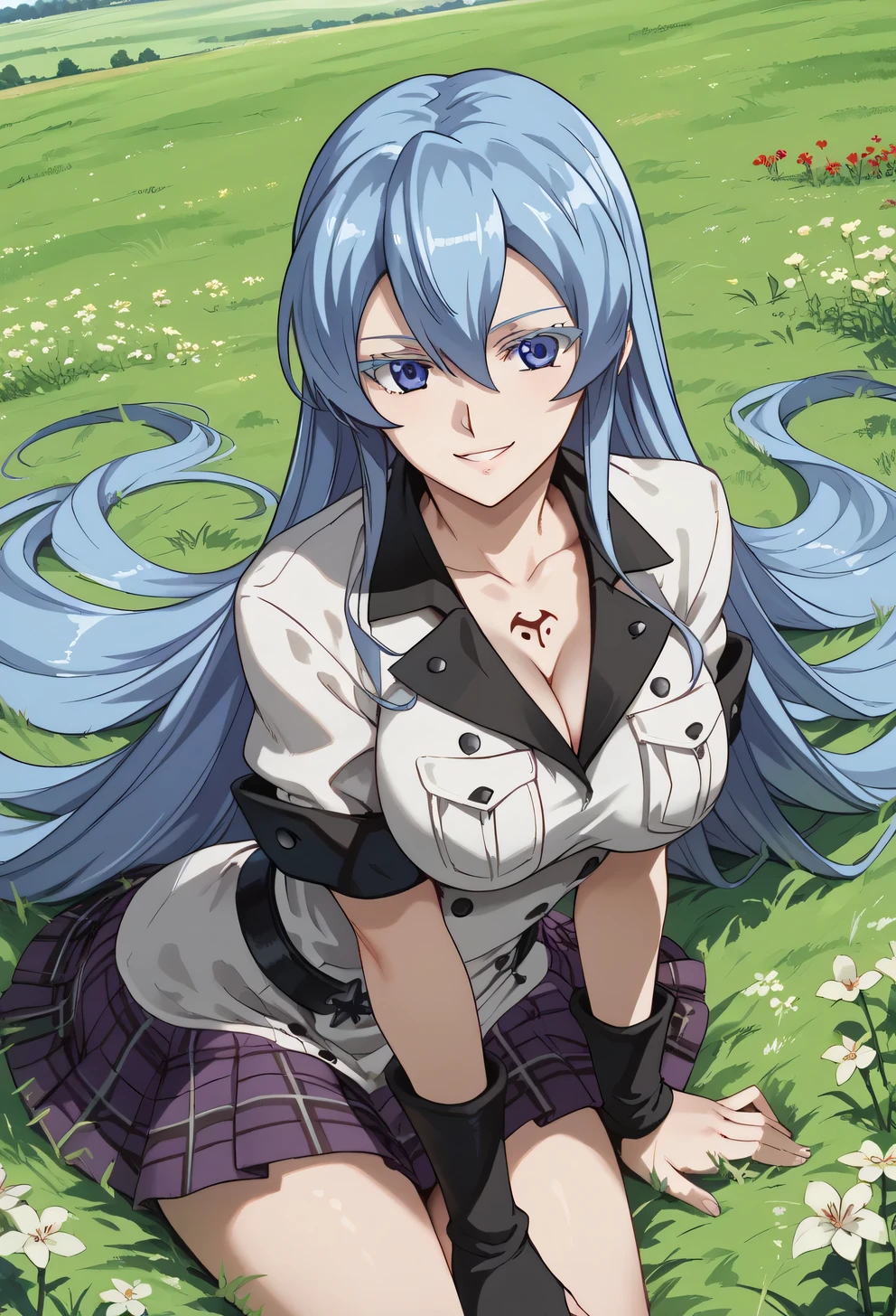 esdeath, blue eyes, blue hair, long hair, large breast, eyelashes, red face, plaid skirt, purple skirt, wariza, field, smile, grass, outdoors