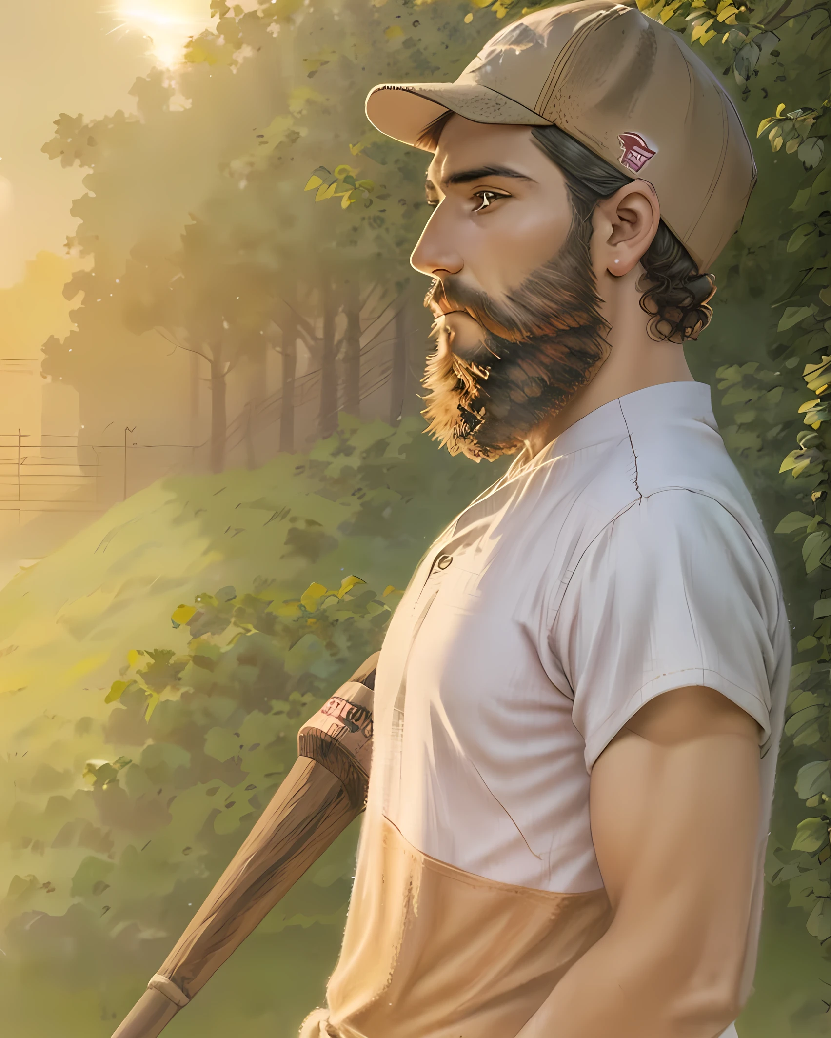 there is a man with a beard and a baseball cap holding a bat, sun beaming down on him, soft light from the side, shot at golden hour, looking to the side off camera, side portrait imagery, nice afternoon lighting, looking off into the sunset, sun behind him, during golden hour, bearded and built, side profile waist up portrait, shadow of beardHD, (Best Detail), (Best Quality), Vintage Poster, Traditional Media,