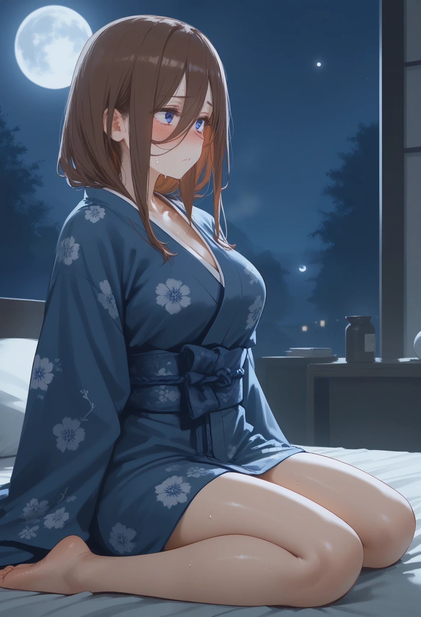 score_9,
1girl,nakano miku,japanese clothes,(blush:1.3),kimono,large breasts,brown hair, blue eyes, collarbone,solo focus,sweat,long hair, long sleeves,solo,night,full_moon,embarrass,
BREAK head_down,indoor,bedroom,sitting_on_bed,lower_body,from_side,barefoot,legs_apart,