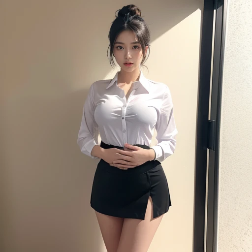 NSFW, (RAW photo), (Realistic), (photo-realistic), ultra high resolution, masterpiece, highest quality, portrait, facial portrait, perfect lighting, detailed lighting, dramatic shadow, ray tracing, 1 Japanese beautiful lady, 25 years old, round face, Idol face, Voluptuous, cleavage, plump body type, beautiful detailed brown eyes, chubby lips, red lips, big tits, big ass, big thick thighs, abs, muscle, medium straight hair, black hair, half open mouth, smiling, looking at viewer, ((Camisole:1.2)), ((mini skert:1.2)), (skirt lift:1.3), (from bottom:1.3), in old Japanese room,