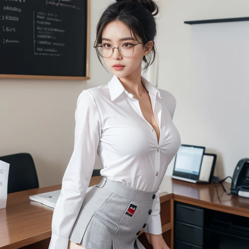 the Extremely Detailed CG Unity 8K Wallpapers, Best Quality, Ultra-detailed, masutepiece, Realistic, photographrealistic, extremely detailed cute girl, 25-years old, (Office Lady), (Glasses) , blush, Round eyes, medium breasts, viewer, Parted lips ,Office , dress room , Collared shirt, (showing   panties) , Sitting ,Half body shot , ass shot, french braids