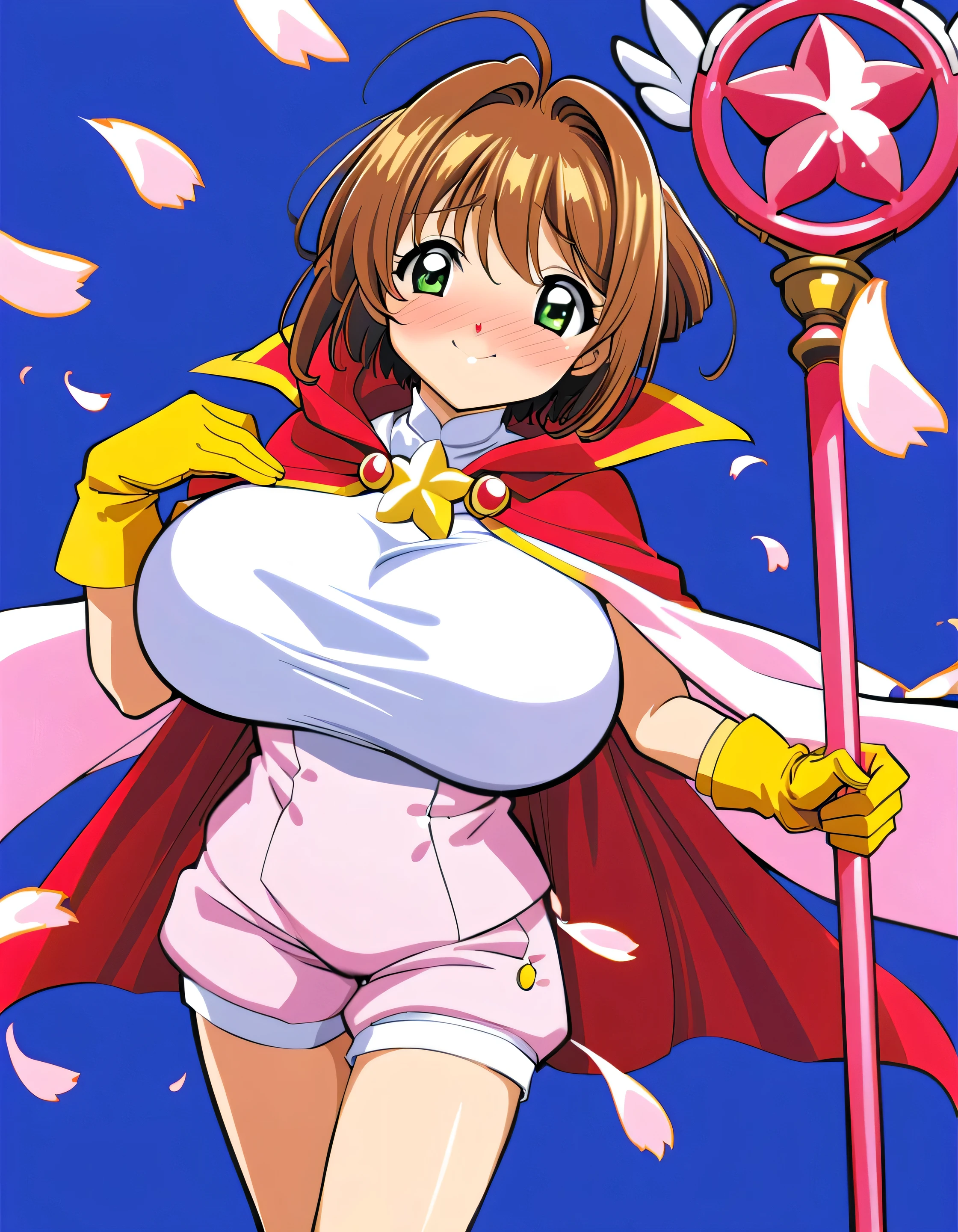  1 girl, Sakura Kinomoto,  brown hair, yellow Gloves, Alone,  have , green eyes, Gloves,  short hair,  petals, Magical Girl, smile, blue head ornament , Cape,,  shorts,  staff、( huge breasts:1.4)、blush、 embarrassed expression