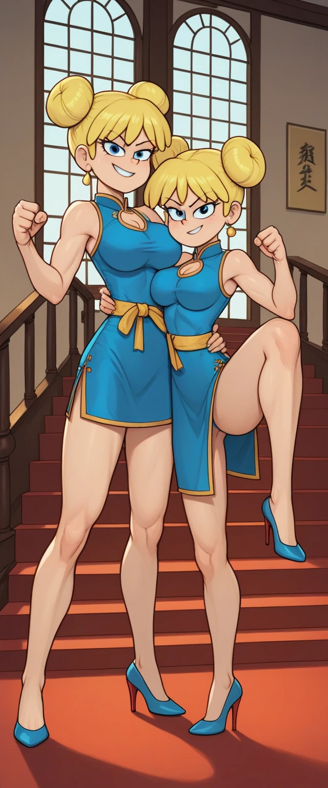 lori loud, 2girl, duo, 24yo girl, large breasts, blue cheongsam,  inside of a chinese temple, looking at viewer, blonde hair, two hair buns , hands  score_9, score_8_up, score_7_up, high heels, teep fighting stance,martial arts, stairs behind her, guarding the stairs, chest window, twins