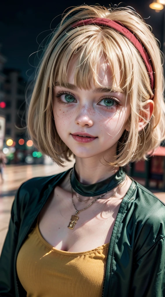 masterpiece, best quality, extremely detailed CG unity 8k wallpaper,((Upper Body)) ,((Upper Body head close-up shot of a beautiful )),Cheveux : blonde hair, short hair, choppy bob cut, green headband
Yeux : large green eyes, intense gaze, bold eyeliner, freckles around cheeks
jackiel, blonde hair, 1girl, green eyes, solo, multicolored hair, short hair, shirt, shell necklace, bangs, smile, long sleeves, blue shorts,upper body,looking at viewer,standing,open mouth,outdoors,   score_9, score_8_up, score_7_up, score_6_up