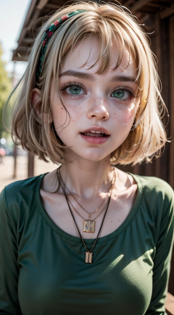 masterpiece, best quality, extremely detailed CG unity 8k wallpaper,((Upper Body)) ,((Upper Body head close-up shot of a beautiful )),Cheveux : blonde hair, short hair, choppy bob cut, green headband
Yeux : large green eyes, intense gaze, bold eyeliner, freckles around cheeks
jackiel, blonde hair, 1girl, green eyes, solo, multicolored hair, short hair, shirt, shell necklace, bangs, smile, long sleeves, blue shorts,upper body,looking at viewer,standing,open mouth,outdoors,   score_9, score_8_up, score_7_up, score_6_up