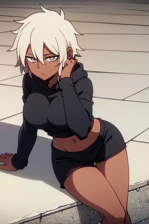 short messy hair, white hair (masterpiece), best quality perfect face beautiful girl, feminine, defined curves, cinematic, aesthetic, shadows, gorgeous, amazing, 1girl, dark skin, best quality, expressive eyes, (black eyes:1.3) ringed eyes, midriff, white winter hoodie, black shorts