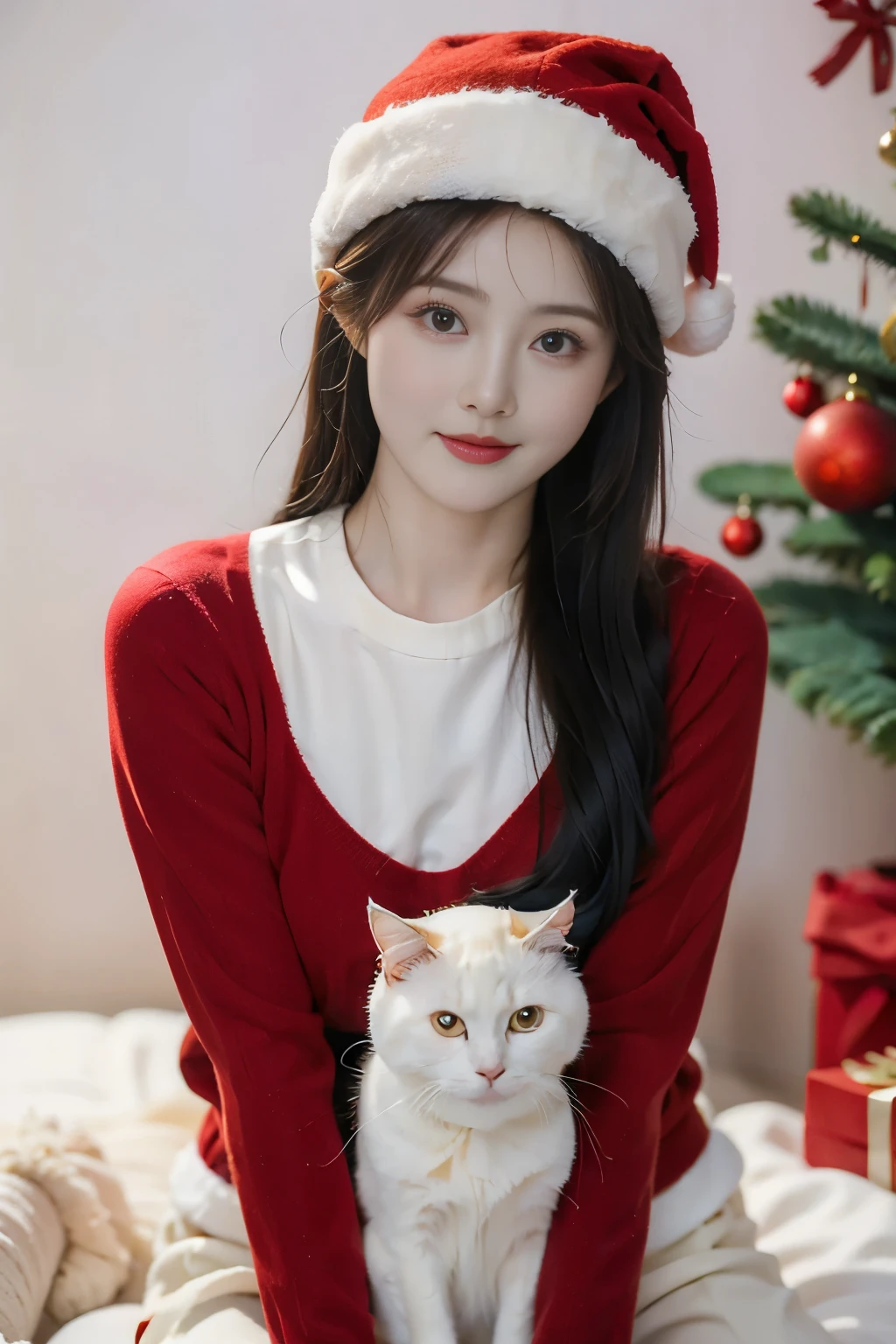 xxmix_girl, A woman with long hair wears a light-colored sweater, holding a white cat in her hand ,Wool Hat ,Red pants ，Lying down，leg shot，Christmas atmosphere