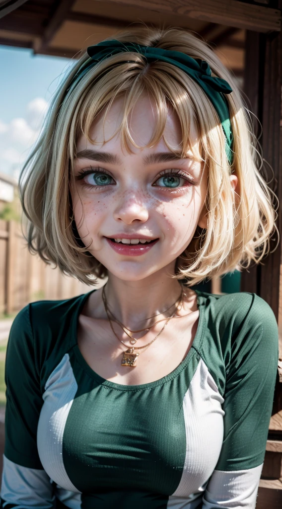 masterpiece, best quality, extremely detailed CG unity 8k wallpaper,((Upper Body)) ,((Upper Body head close-up shot of a beautiful )),Cheveux : blonde hair, short hair, choppy bob cut, green headband, (Upper Body:1.5), 
Yeux : large green eyes, intense gaze, bold eyeliner, freckles around cheeks
jackiel, blonde hair, 1girl, green eyes, solo, multicolored hair, short hair, shirt, shell necklace, bangs, smile, long sleeves, blue shorts,upper body,looking at viewer,standing,open mouth,outdoors,   score_9, score_8_up, score_7_up, score_6_up