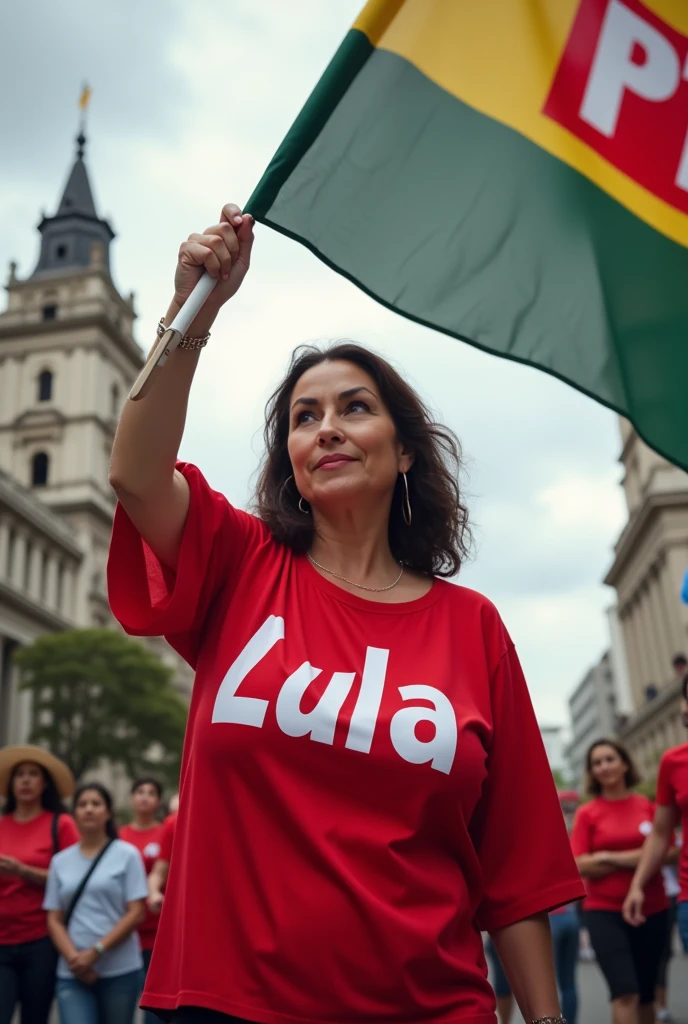 A little fat woman wearing a white and green block polo shirt with a large Algerian flag pattern, city background in Lille, realistic and high resolution image 32k
