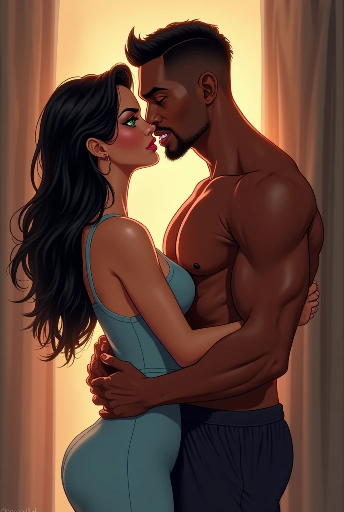 Interracial couple(red woman ans black man),1 a young red woman named Rinalia Clareta in a comic realist style. She has long black hair, emerald green eyes, and a smiling, ambitious expression. She has a vivid red skin tone, naked,room. she fucked by her athletic African black man boy friend, short black hair ,brown eyes ,big dick,bbc