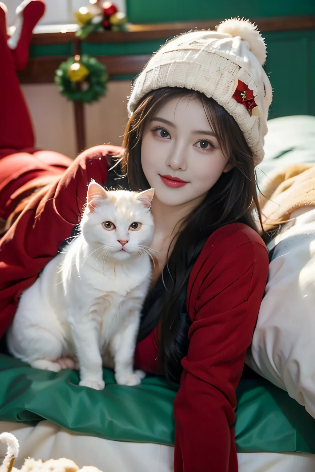 xxmix_girl, A woman with long hair wears a light-colored sweater, holding a white cat in her hand ,Wool Hat ,Red pants ，Lying down，leg shot，Christmas atmosphere