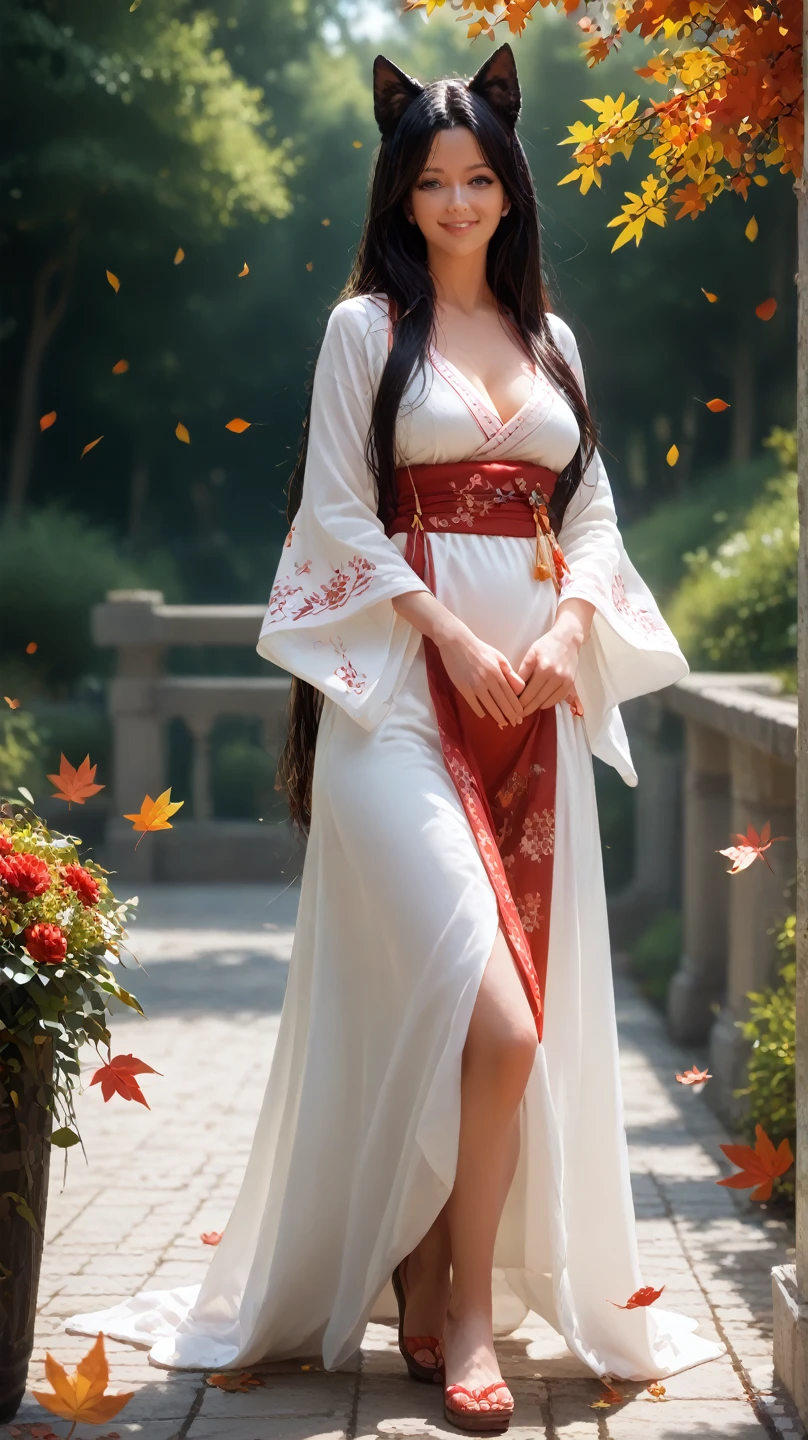 best quality, (masterpiece:1.35), wallpaper, (illustration), original, (depth of field), (1girl:1.35), (solo), full body, dynamic, detailed face,mature female, adult, (old:1.3), Medium breasts, Amused, happy,miko clothing, flower trim,absurdly long hair, black hair,dog ears volumetric lighting, fall leaves, Tyndall effect,