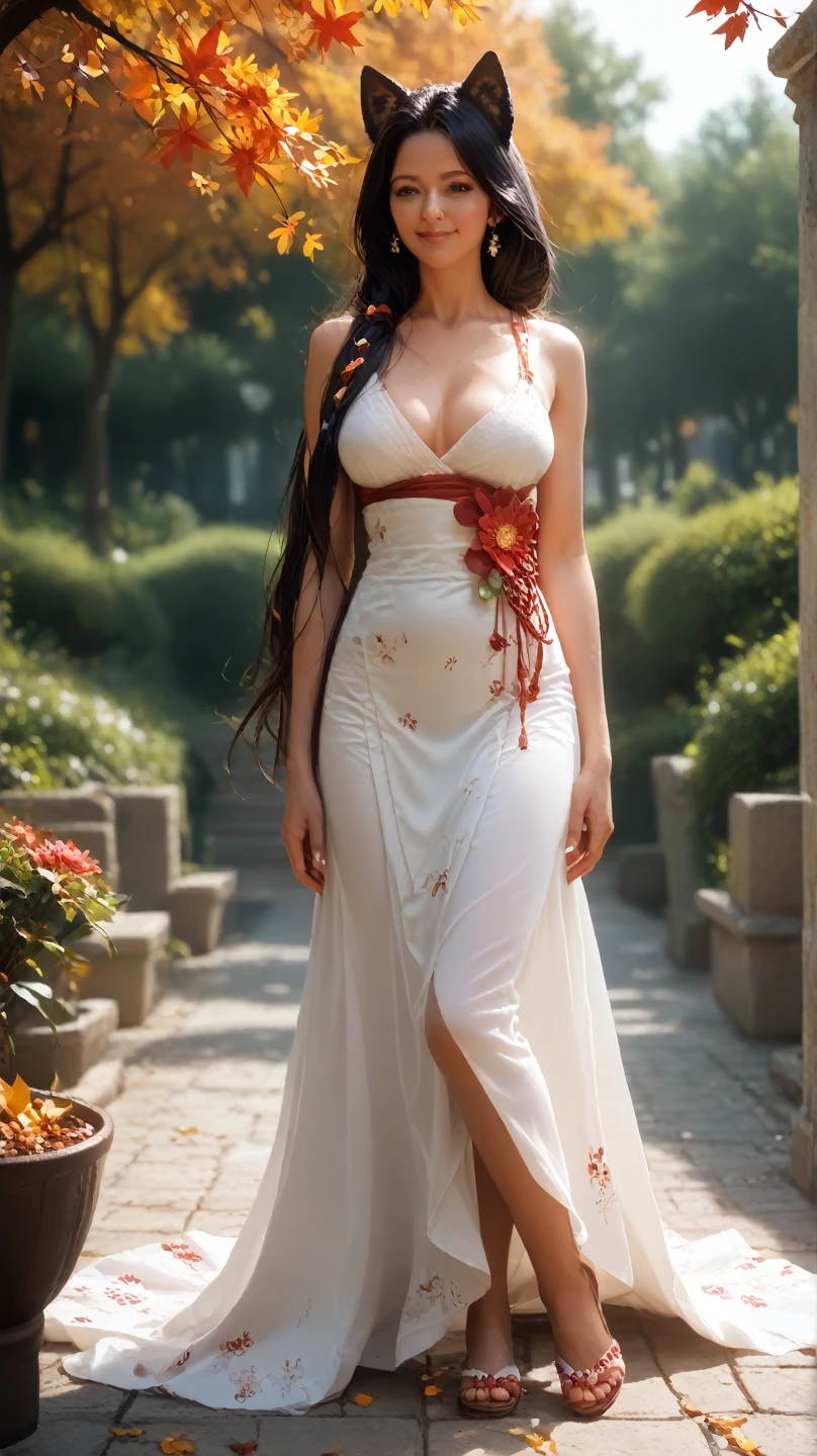 best quality, (masterpiece:1.35), wallpaper, (illustration), original, (depth of field), (1girl:1.35), (solo), full body, dynamic, detailed face,mature female, adult, (old:1.3), Medium breasts, Amused, happy,miko clothing, flower trim,absurdly long hair, black hair,dog ears volumetric lighting, fall leaves, Tyndall effect,