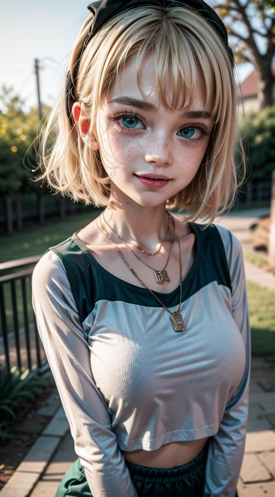 masterpiece, best quality, extremely detailed CG unity 8k wallpaper,((Upper Body)) ,((Upper Body head close-up shot of a beautiful )),Cheveux : blonde hair, short hair, choppy bob cut, green headband, (Upper Body:1.5), ,((Upper Body)) ,((Upper Body head close-up shot of a beautiful )), 
Yeux : large green eyes, intense gaze, bold eyeliner, freckles around cheeks
jackiel, blonde hair, 1girl, green eyes, solo, multicolored hair, short hair, shirt, shell necklace, bangs, smile, long sleeves, blue shorts,upper body,looking at viewer,standing,open mouth,outdoors,   score_9, score_8_up, score_7_up, score_6_up