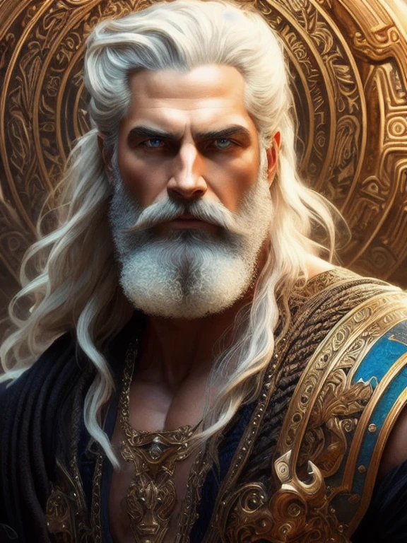 painted portrait of rugged zeus, god of thunder, greek god, on Mount Olympus, white hair, full body, mature, handsome, fantasy, intricate, elegant, highly detailed, digital painting, artstation, concept art, smooth, sharp focus, illustration, art by gaston bussiere and alphonse mucha