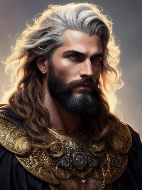 A painted portrait of stout zeus, god of thunder, greek god, hazel hair, male, very mature, handsome, upper body, tattoos all over the body, muscular, fantasy, intricate, elegant, highly detailed, digital painting, art station, concept art, soft, sharp focus, illustration, art by Gaston Bussiere and Alphonse Mucha