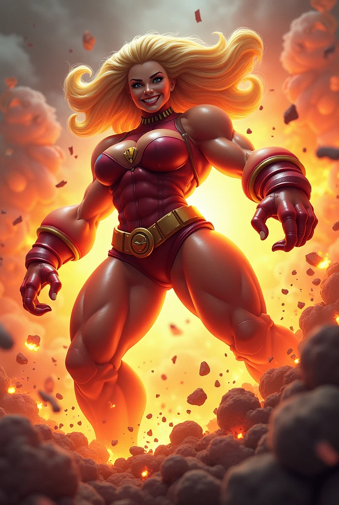 (Busty muscular brute cute Lady Gaga), huge strong biceps volume, huge firm breasts volume, enormous tits volume, strong tonned exposed abs, muscular strong legs, bodybuilder muscles bursting in strength, long wavy curly hair, exposed abs skin, city destruction fire background, tight superheroine underwear and cape