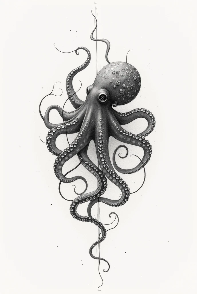 a black and grey sketch style tattoo of a swimming octopus