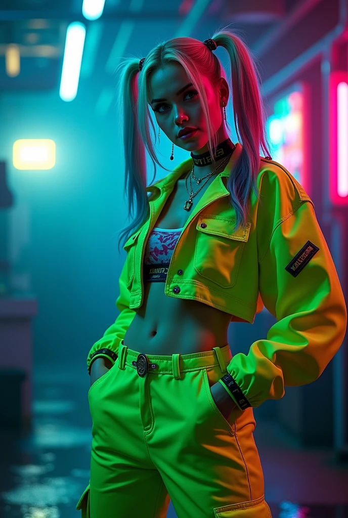 BEAUTIFUL PUSH ASS, wearing sturdy jacket, long blonde hair, machine arms in cyberpunk night scene, Cyberpunk red green backdrop
