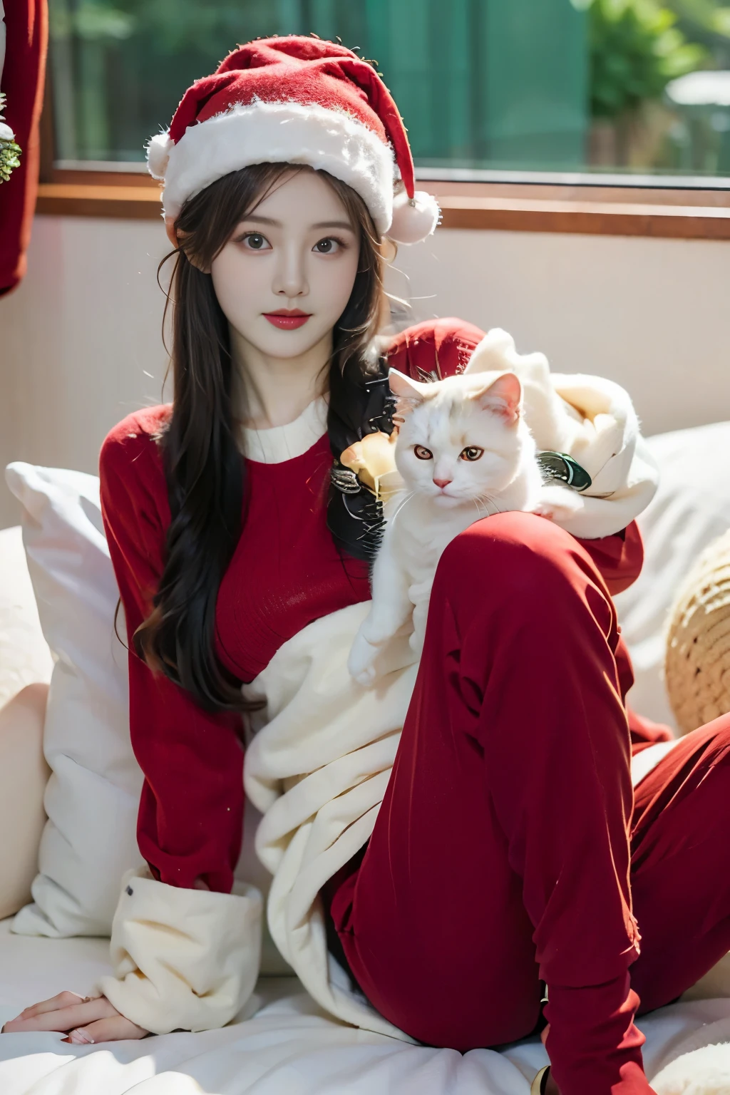 xxmix_girl, A woman with long hair wears a light-colored sweater, holding a white cat in her hand ,Wool Hat ,Red pants ，Lying down，leg shot，Tighten your legs，Christmas atmosphere