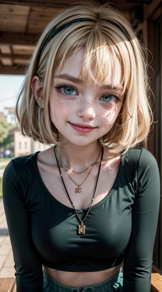 masterpiece, best quality, extremely detailed CG unity 8k wallpaper,((Upper Body)) ,((Upper Body head close-up shot of a beautiful )),Cheveux : blonde hair, short hair, choppy bob cut, green headband, (Upper Body:1.5), ,((Upper Body)) ,((Upper Body head close-up shot of a beautiful )), 
Yeux : large green eyes, intense gaze, bold eyeliner, freckles around cheeks
jackiel, blonde hair, 1girl, green eyes, solo, multicolored hair, short hair, shirt, shell necklace, bangs, smile, long sleeves, blue shorts,upper body,looking at viewer,standing,open mouth,outdoors,   score_9, score_8_up, score_7_up, score_6_up