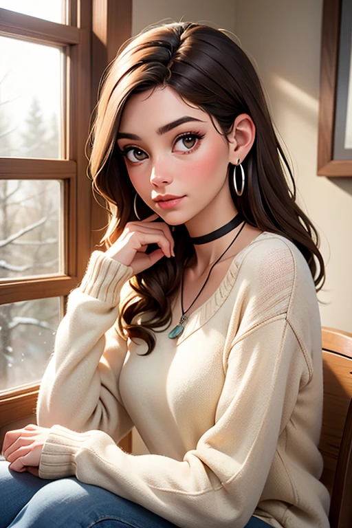 An amazing masterpiece of high-resolution portrait of a girl with long and beautiful details, Shiny brown hair and seductive green eyes, She wears a cozy sweater and flashes a gorgeous smile that accentuates her small but perfect breasts.