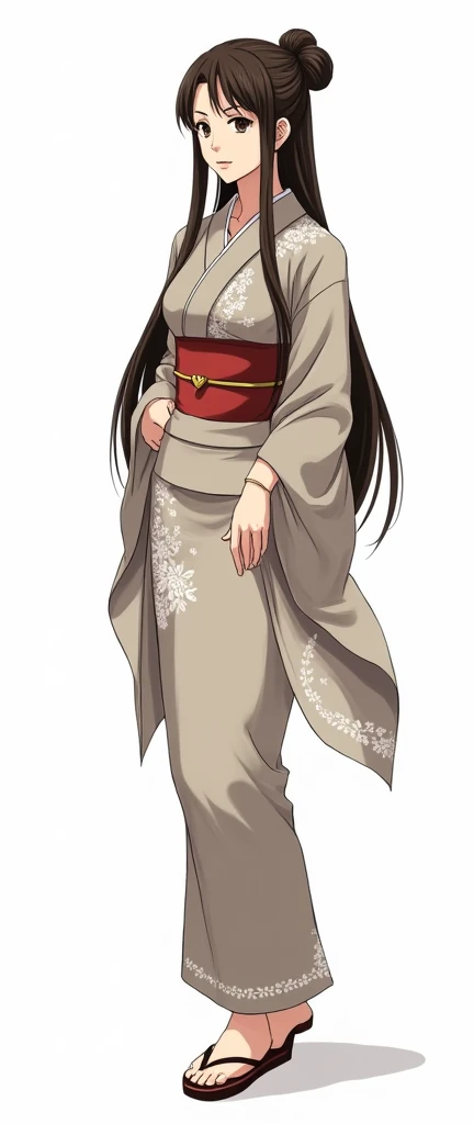 A highly detailed full-body character design of Hana Takayama, a 40-year-old Japanese woman, in a seinen manga style. She has a medium-height, lean, graceful figure with long, dark brown hair styled in a traditional bun. Her sharp, intelligent eyes reflect strength and composure. She is wearing an elegant kimono with muted colors, decorated subtly with floral patterns, and traditional Japanese footwear. The background is clean and white, emphasizing her figure. The style is mature and realistic, suited for a seinen manga aesthetic,