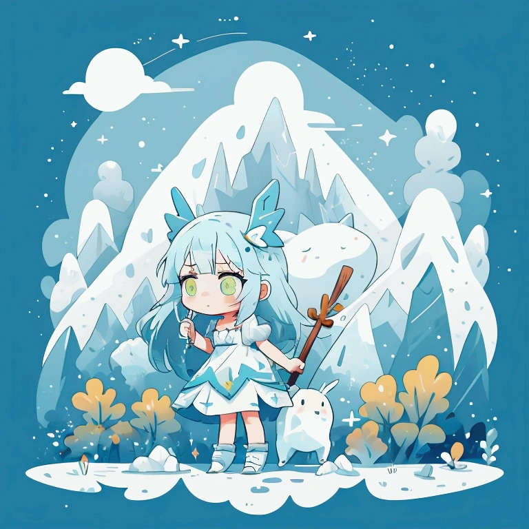 Flat Image,  Vector Illustration ,  girl, Ice blue hair, Yellow-green eyes,  white dress,  sad,  magic , Mystery, nature, animal, rock, stick