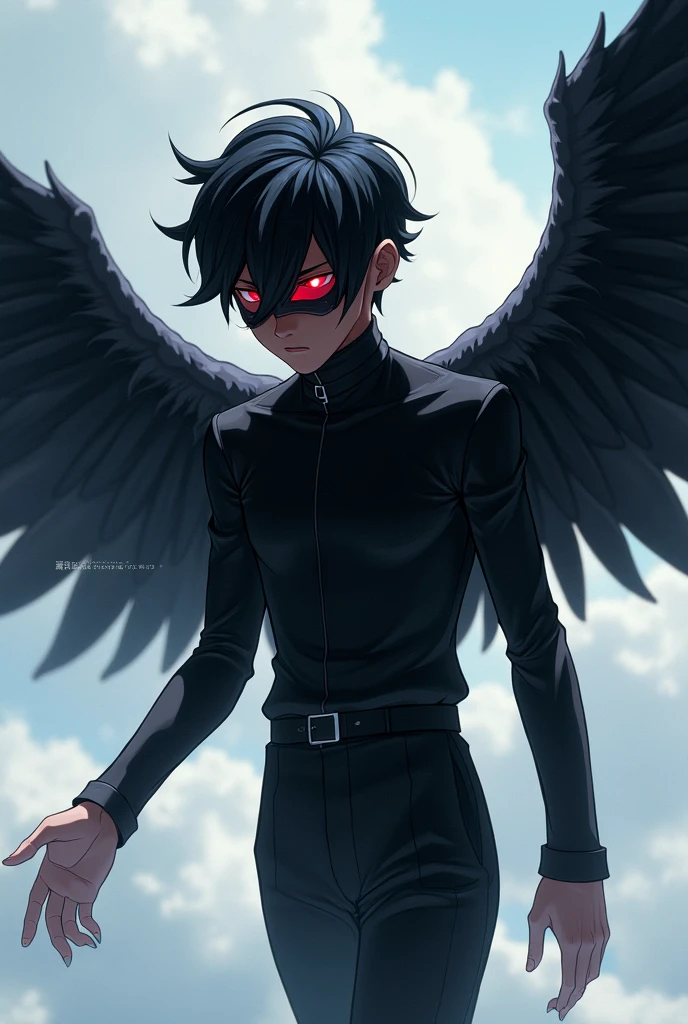 A 16 year old boy, dressed like a soldier but in a black uniform, with a soldier's weapon, with dark brown hair and dark blue eyes, look and smiling expression a little psychopathic, with blood stains on the face, with black gloves, anime style, He looks slightly annoyed but smiles with an air of superiority and his face is slightly shadowed., her pupils of eyes like red diamonds, Anime style the boy, that is in a dark, with angel wings, black tennis shoes with white, sitting on a stone wall with one leg down and the other raised
