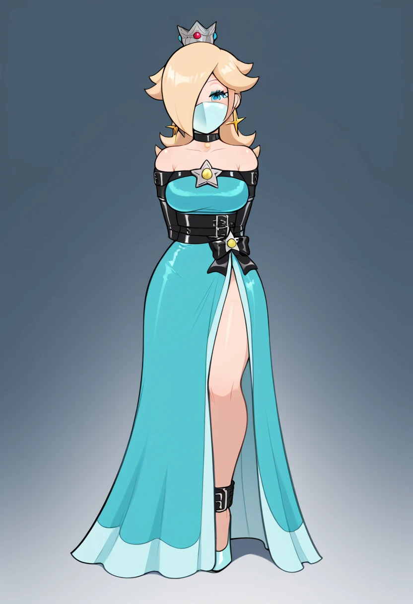 score_9, score_8_up, score_7_up, 1girl (Rosalina, from super mario lore, , Rosalina_StarryNightDress, dark blue long party dress, dark blue dress, long dress), flirt, gaze, sexy look, half-closed eyes, head tilt, makeup, (full bodies in view) expressiveh d4rk01l, perfect hands, perfect proportions, simple background. standing,  belt bondage, bound arms, arms behind back, tight mask, black mask, nude legs, (armbinder tied), (armbinder: 1.4), (front view), (sexy pose), (leather mask), (wrap mask), complete body .