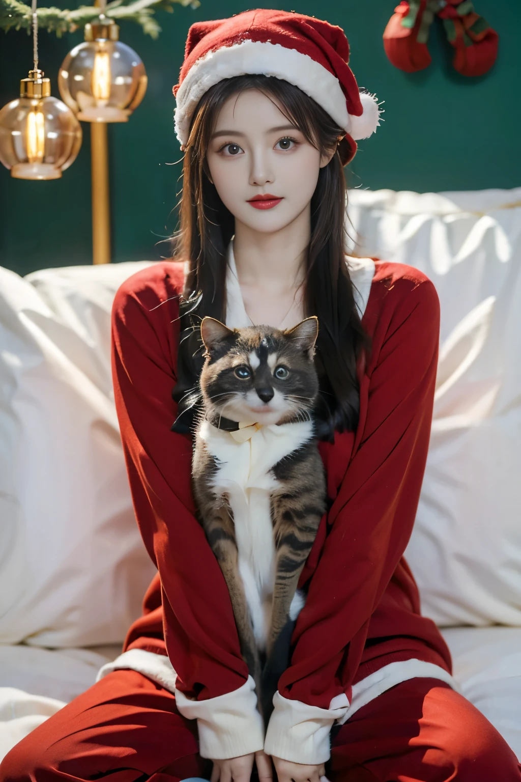 xxmix_girl, A woman with long hair wears a light-colored sweater,8k, the best details ，Holding a cat in the hand ， detailed tanuki，Wool Hat ,Red pants ，Lying down，leg shot，Cross your legs，Christmas atmosphere，