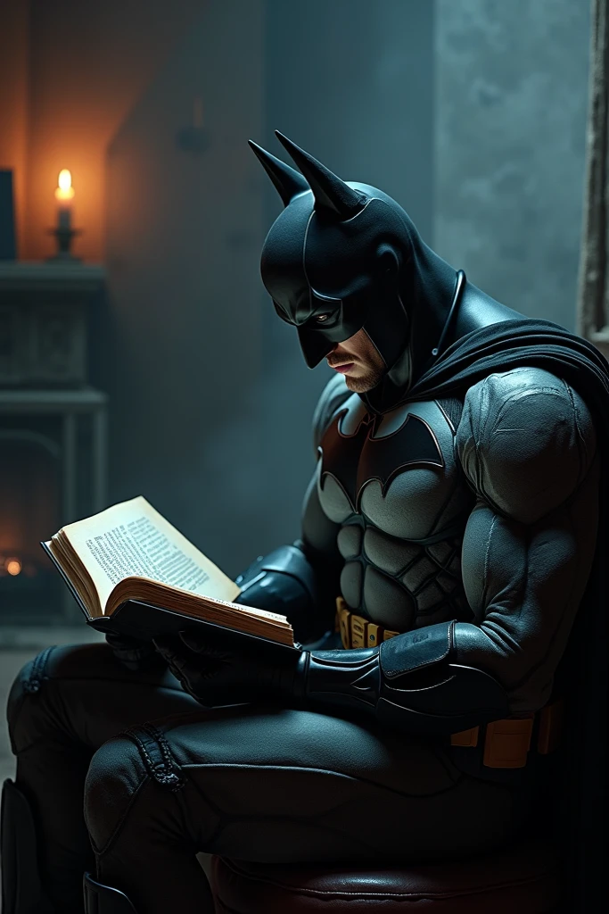 Arkham Origins muscular Batman reading a book in the Batcave