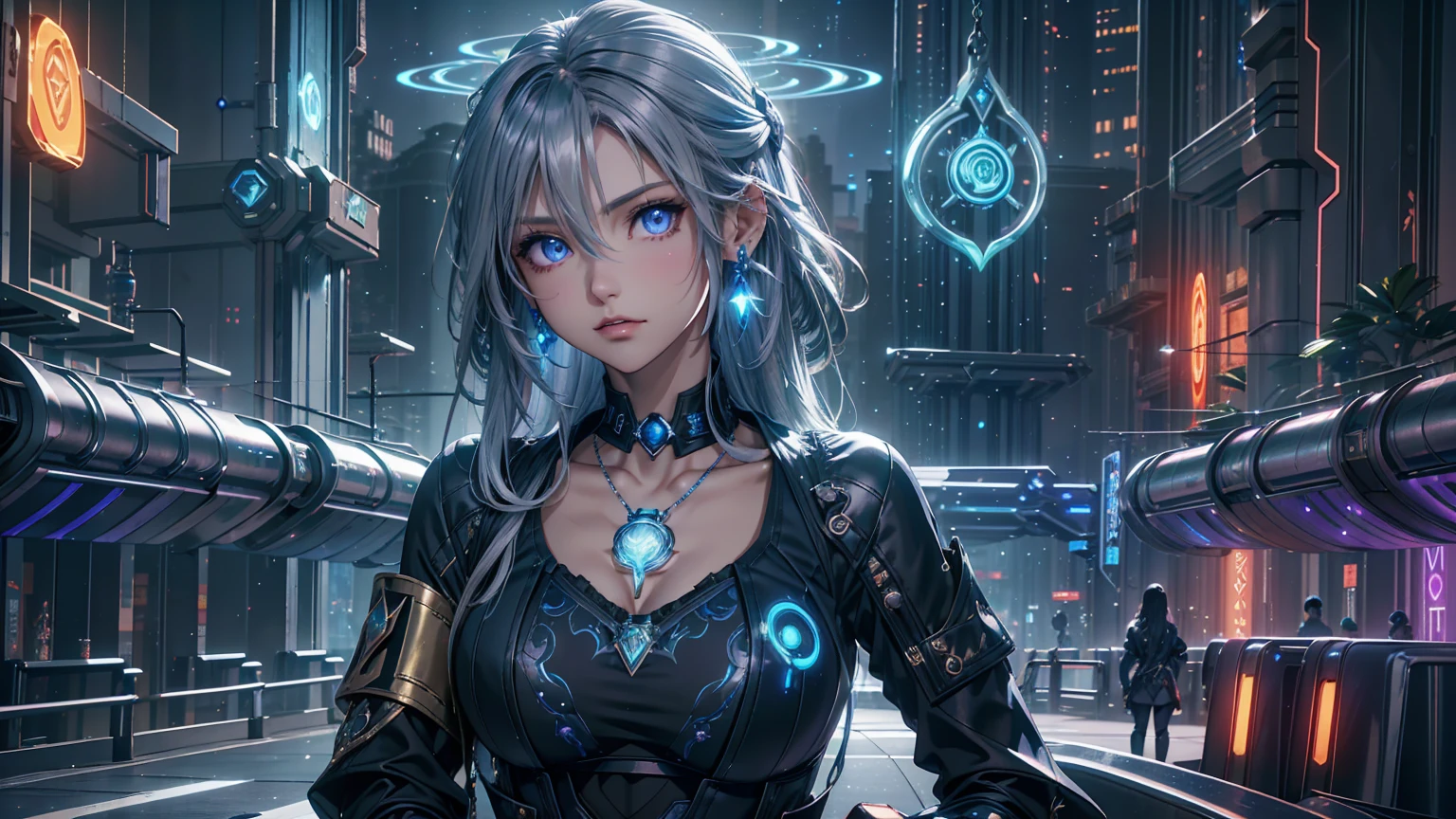 A solo girl in an urban fantasy anime-style portrait with a vibrant pop aesthetic. Violet eyes with a mesmerizing glow, long silver hair with blue highlights, a delicate and charming face, full lips, white skin with detailed texture, and a soft, natural radiance. ((A bomber jacket with glowing blue accents)), intricate gold patterns, and ancient runes, paired with a rainbow-patterned bodysuit and metallic silver thigh-high boots. ((Fingerless gloves, metallic nails, gemstone details, a belt with a mystical potion and an amulet, a glowing rune necklace, a crystal pendant, silver earrings, and a matching silver necklace)). A perfectly proportioned figure with a slim waist, graceful curves, and delicate yet strong hands. A futuristic urban street setting with neon signs in vibrant hues, holographic advertisements in midair, sleek autonomous vehicles on elevated tracks, and sidewalks with embedded LED strips. Vending machines with glowing products, robotic street vendors, bold graffiti art in sharp lines and intense colors, and walls with modern creativity blended with digital enhancements. Dynamic lighting with reflections on metallic surfaces, a high-tech, cyberpunk atmosphere. Ultra-high-definition artistry in UHD 4K and 8K resolution, extreme detail, textured skin, vivid colors, striking patterns, and a confident, rebellious energy. Dark fantasy elements with ethereal, Genshin Impact-inspired design in a futuristic cityscape, beauty, individuality, and innovation.